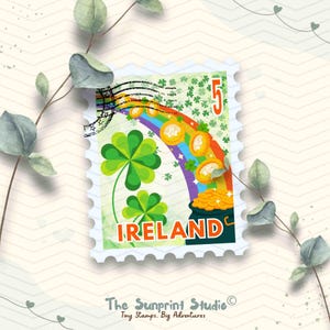 Ireland Travel Stamp Vinyl Sticker |  Irish Clover Leaf Pot of Gold Stamp Sticker | Laptop Ipad Waterbottle Glossy Waterproof Decal