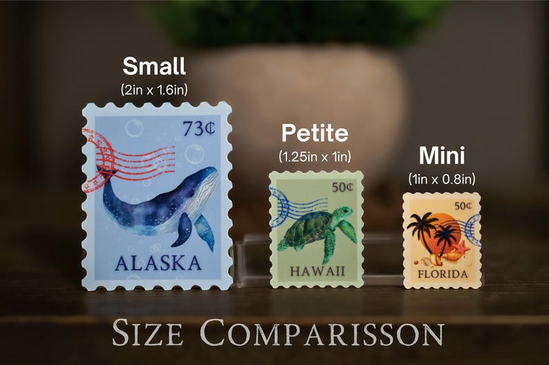 May include: Three different sizes of decorative postage stamp stickers. The stickers feature a whale, a turtle, and a sunset scene. The stickers are labeled "Alaska", "Hawaii", and "Florida". The text "Small (2in x 1.6in)", "Petite (1.25in x 1in)", and "Mini (1in x 0.8in)" is displayed above each sticker.