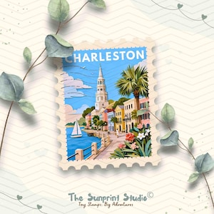 Autocollant en vinyle pour timbre de voyage Charleston | Timbre de voyage Charleston en Caroline du Sud | Autocollant de voyage étanche pour ordinateur portable Ipad Journal, bouteille d'eau
