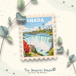 May include: A rectangular postage stamp illustration featuring Niagara Falls with a city skyline and the text CANADA at the top. The scene includes a blue river, a bridge, a boat, and autumn foliage. The stamp has a scalloped edge and a white border.
