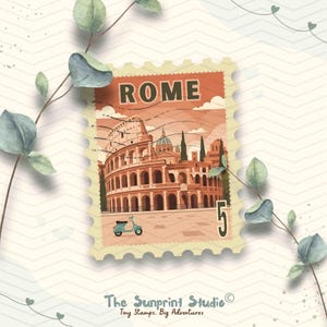 Rome Italy Travel Stamp Vinyl Sticker | Roman Colosseum Stamp Sticker | Laptop iPad Waterbottle Glossy Waterproof Decal image 1