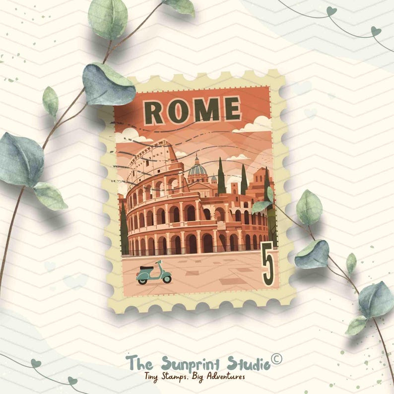 Rome Italy Travel Stamp Vinyl Sticker | Roman Colosseum Stamp Sticker | Laptop iPad Waterbottle Glossy Waterproof Decal image 1
