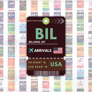 May include: A collection of colorful luggage tags with airport codes. The central tag displays "BIL" for Billings, MT, with the text "ARRIVALS" and a US flag. Coordinates and "USA" are also shown.