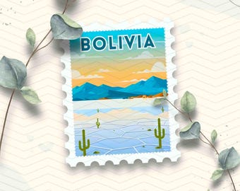Bolivia Travel Stamp Vinyl Sticker | Salar de Uyuni Landscape Stamp Sticker | Laptop Waterbottle Ipad Kindle Glossy Waterproof Decal