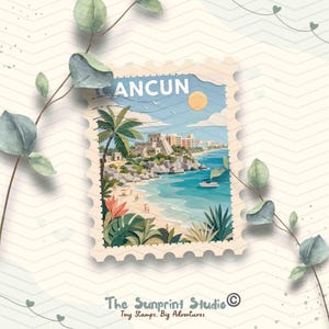 May include: A rectangular postage stamp illustration featuring a coastal scene in Cancun with ancient stone ruins, a sandy beach, turquoise water, a boat, and a yellow sun. The text CANCUN is at the top. Below the stamp is The Sunprint Studio text.