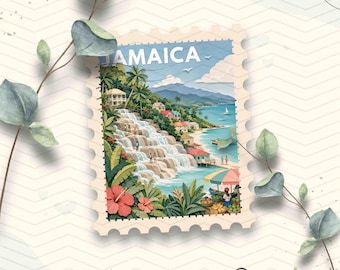 Könnte beinhalten: Eine rechteckige Briefmarkenillustration mit einer tropischen jamaikanischen Landschaft, einem Wasserfall, Küstenhäusern, Palmen und roten Hibiskusblüten. Das Wort JAMAICA ist in weißer Schrift am oberen Rand des Designs gedruckt.