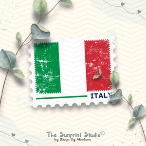 May include: A postage stamp design featuring the Italian flag with green, white, and red vertical stripes. The word "ITALY" is printed in black. The stamp is surrounded by a decorative border and sprigs of eucalyptus.