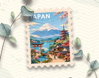 May include: A rectangular postage stamp featuring a landscape illustration of Mount Fuji, a red torii gate, a pagoda, and traditional buildings. The word JAPAN is printed at the top. The stamp has scalloped edges and a light cream-colored border.