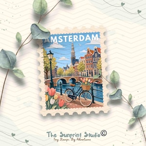 May include: A rectangular postage stamp illustration featuring an Amsterdam canal scene with the text AMSTERDAM at the top. The image shows a black bicycle with a basket of tulips, a stone bridge, tall buildings, and a church tower under a blue sky.