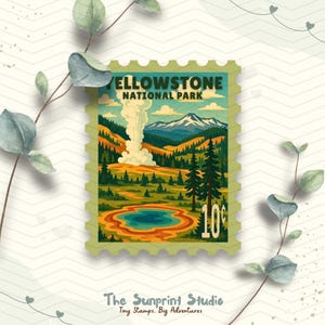 Yellowstone National Park Postage Stamp Vinyl Travel Sticker | Laptop Ipad Waterbottle Journal Glossy Laminated Waterproof Vinyl Sticker