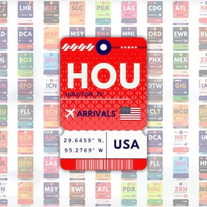 May include: A collection of colorful luggage tags with airport codes. The central tag is red, displaying "HOU" for Houston, TX, with "ARRIVALS" and a US flag. Latitude and longitude coordinates are also included.