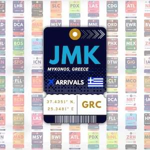 May include: A colorful travel tag design featuring the airport code JMK for Mykonos, Greece, with the Greek flag and the word ARRIVALS. The tag is surrounded by other airport tags.