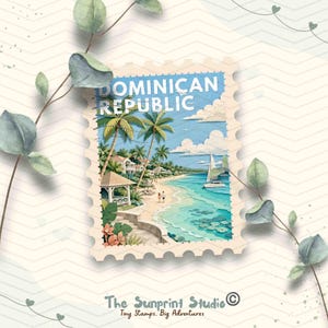 May include: A rectangular postage stamp illustration featuring a tropical beach scene in the Dominican Republic with palm trees, a gazebo, a sailboat on turquoise water, and white clouds. The text DOMINICAN REPUBLIC is printed at the top.