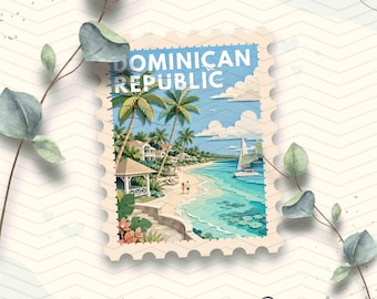 Könnte beinhalten: Eine rechteckige Briefmarkenillustration mit einer tropischen Strandszene in der Dominikanischen Republik mit Palmen, einem Pavillon, einem Segelboot auf türkisfarbenem Wasser und weißen Wolken. Der Text DOMINICAN REPUBLIC steht oben.