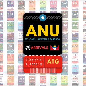 May include: A luggage tag design with the airport code ANU in yellow on a black background. The tag includes the text "St. John's, Antigua & Barbuda" and "Arrivals". A red tag below shows coordinates and the code ATG.