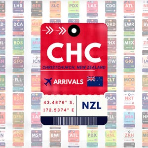 May include: A red luggage tag with the letters "CHC" in white, representing Christchurch, New Zealand. The tag includes the New Zealand flag, the word "ARRIVALS", and coordinates. Other airport tags are in the background.