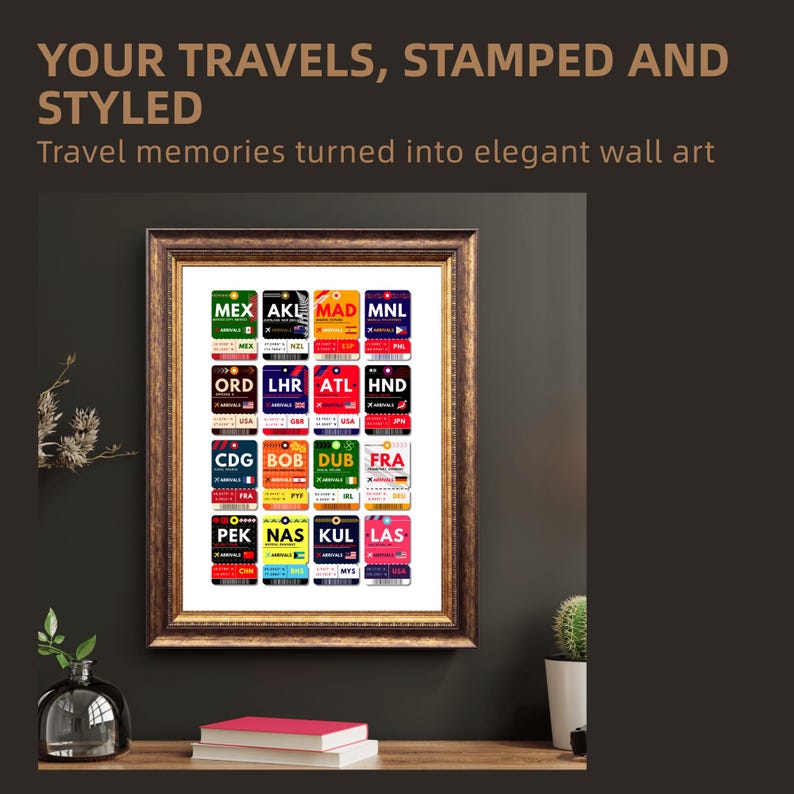 May include: A framed print featuring colorful travel destination tags. The tags display airport codes like MEX, AKL, and CDG, with country flags and the text "YOUR TRAVELS, STAMPED AND STYLED". The frame is a warm brown color.