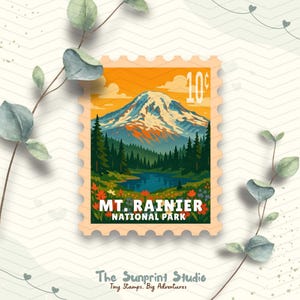 Mt. Rainier National Park Postage Stamp Vinyl Travel Sticker | Laptop Ipad Waterbottle Journal Glossy Laminated Waterproof Vinyl Sticker