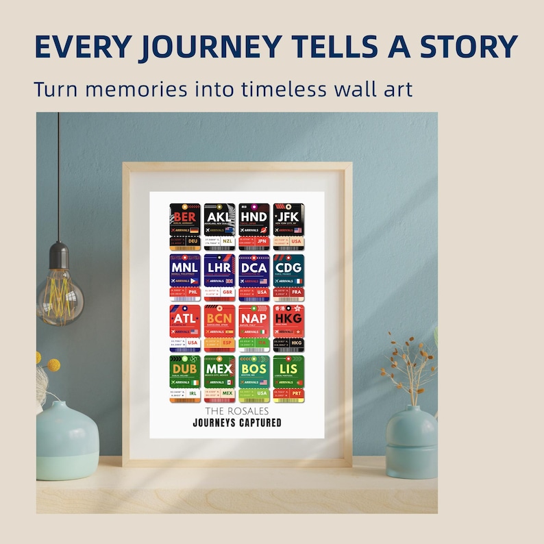 May include: A framed print with the text "EVERY JOURNEY TELLS A STORY" and "Turn memories into timeless wall art." The print features colorful travel destination tags. The bottom of the print reads "THE ROSALES JOURNEYS CAPTURED."