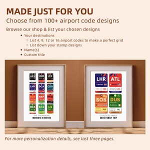 May include: Two framed prints featuring airport code designs. One print displays a grid of codes like AKL, HND, and JFK, with "THE THOMPSONS MOMENTS IN MOTION" text. The other shows LHR, ATL, BOB, and DUB codes, with "GONZALES FAMILY 2025 FAMILY TRIP".