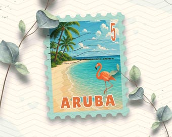 Aruba Travel Stamp Vinyl Sticker | Aruba Beach Flamingo Travel Stamp Sticker | Laptop Ipad Waterbottle Glossy Waterproof Decal