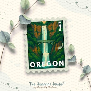 Oregon Travel Stamp Vinyl Travel Sticker | Multnomah Falls Oregon Stamp Sticker | Laptop Ipad Waterbottle Glossy Water Resistant Decal