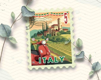 Italy Travel Stamp Vinyl Sticker |  Italian Vespa Vineyard Landscape Stamp Sticker | Laptop Ipad Waterbottle Glossy Waterproof Decal