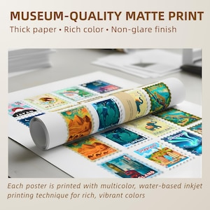 May include: A rolled-up museum-quality matte print featuring colorful postage stamp designs. The print includes text: "MUSEUM-QUALITY MATTE PRINT" and "Each poster is printed with multicolor, water-based inkjet printing technique for rich, vibrant colors."