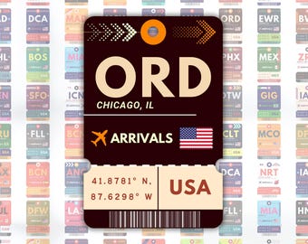 Chicago ORD Airport Luggage Tag Sticker | Boarding Pass Travel Sticker | Laptop Ipad Waterbottle Waterproof Laminated Glossy Vinyl Sticker