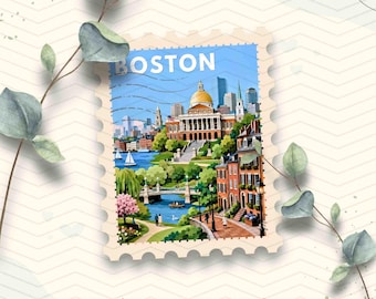 May include: A rectangular postage stamp illustration featuring the word BOSTON in white capital letters. The scene depicts a cityscape with a gold-domed building, a blue river with sailboats, a stone bridge, and brick buildings under a blue sky.