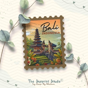 May include: A brown postage stamp design featuring a Balinese temple with the word "Bali" and "Indonesia". The stamp has a scenic illustration of the temple, lush greenery, and a sunset sky. The stamp also has the text "The Sunprint Studio" and "Tiny Stamps. Big Adventures."