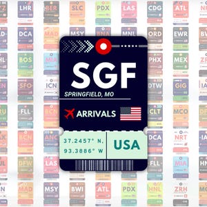 May include: A collection of colorful luggage tags with airport codes. The central tag is navy blue with "SGF" and "Springfield, MO" in white. It includes a red airplane icon, the word "ARRIVALS", and a US flag. Coordinates and "USA" are also displayed.