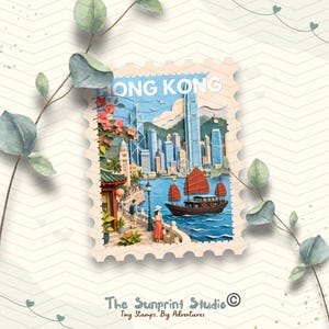 May include: A rectangular postage stamp art piece featuring a layered paper cut-out of the Hong Kong skyline. The scene includes a traditional red-sailed junk boat on blue water, a waterfront promenade with figures, and skyscrapers under a blue sky.
