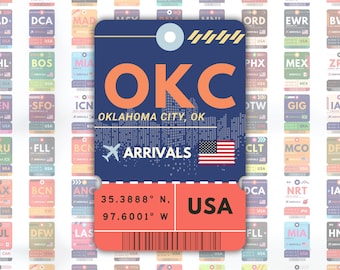 Oklahoma City OKC Airport Luggage Tag Sticker | Boarding Pass Travel Sticker | Laptop Ipad Waterbottle Laminated Glossy Vinyl Sticker