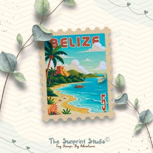 Belize Travel Stamp Vinyl Sticker | Belize Shoreline Mayan Pyramid Stamp Sticker | Laptop Waterbottle Ipad Glossy Waterproof Decal