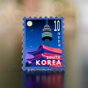 South Korea Stamp Vinyl Travel Sticker |  Seoul Tower Royal Palace Stamp Sticker | Laptop Ipad Waterbottle Glossy Waterproof Decal