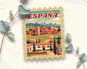 Spain Travel Stamp Vinyl Sticker | Spanish Alhambra Palace and Fortress Stamp Sticker | Laptop Waterbottle Glossy Waterproof Decal