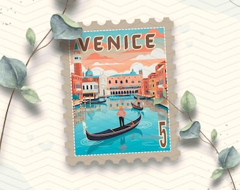 Venice Italy Travel Stamp Vinyl Sticker | Venice Grand Canal Gondola Stamp Sticker | Laptop Ipad Waterbottle Glossy Waterproof Decal