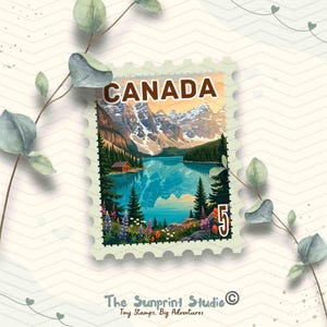 May include: A postage stamp design featuring a scenic view of Canada. The stamp showcases a mountain range, a lake, and a cabin, with the word "CANADA" at the top. The stamp has a value of "5".