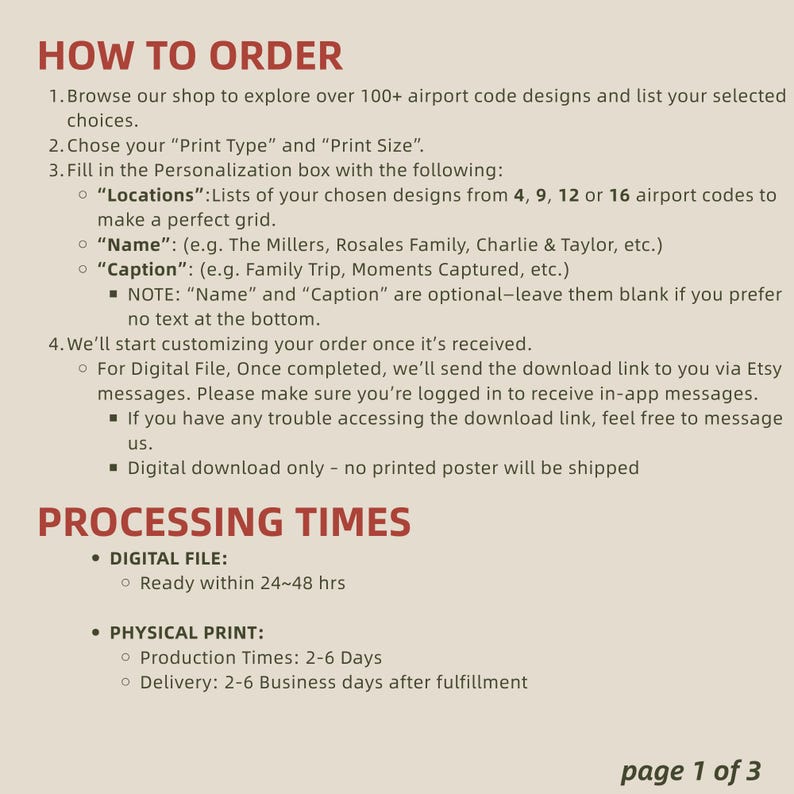 May include: Text-based graphic with instructions on how to order a custom print, including options for personalization like locations, names, and captions. Details on digital file and physical print processing times are also provided.