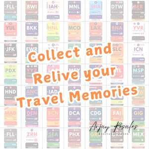 May include: A colorful collection of airport arrival stickers with the text "Collect and Relive your Travel Memories".