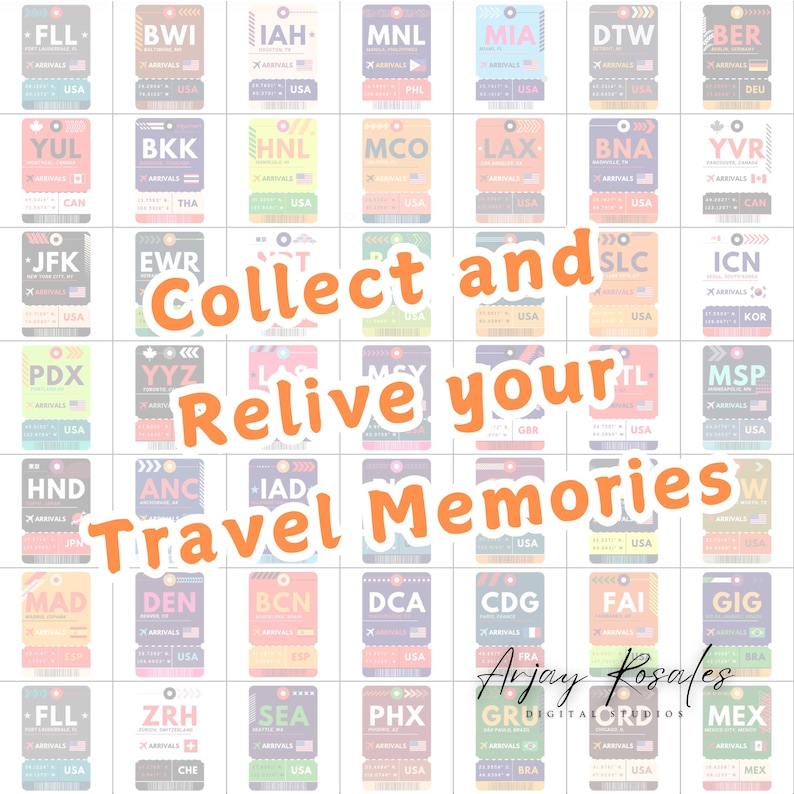 May include: A colorful collection of airport arrival stickers with the text "Collect and Relive your Travel Memories".