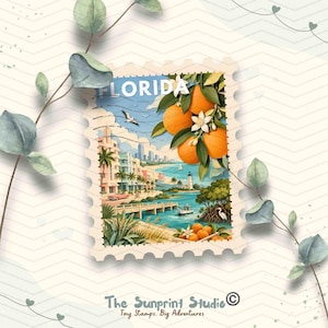May include: A rectangular postage stamp illustration featuring the word FLORIDA in white text. The scene depicts a coastal city with palm trees, a pier, a lighthouse, and a boat on blue water. Bright orange citrus fruits with green leaves.