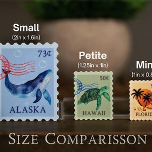 May include: Three different sizes of decorative postage stamp stickers. The stickers feature a whale, a turtle, and a sunset scene. The stickers are labelled "Alaska", "Hawaii", and "Florida". The text "Small (2in x 1.6in)", "Petite (1.25in x 1in)", and "Mini (1in x 0.8in)" is displayed above each sticker.