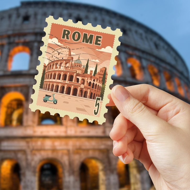 May include: A postage stamp featuring a stylized illustration of the Colosseum in Rome, Italy, with the word "ROME" at the top. The stamp has a light orange background and a small scooter. The number "5" is visible on the stamp.