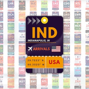 May include: A collection of colourful luggage tags with airport codes. The central tag features "IND" for Indianapolis, IN, with the USA flag and "ARRIVALS" text. Other tags display various airport codes.