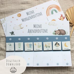 Op de afbeelding: Een printbare kaart met een blauwe achtergrond en witte vierkanten. De kaart is verdeeld in twee secties, een voor de ochtendroutine en een voor de avondroutine. Elke sectie heeft een titel en een set pictogrammen die verschillende activiteiten voorstellen. De pictogrammen omvatten een douche, een tandenborstel, een pyjama, een auto, een maan en een slapende beer. De tekst op de kaart luidt "Meine Morgenroutine" en "Meine Abendroutine".