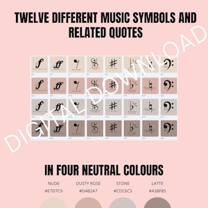 May include: A digital print featuring twelve music symbols with related quotes, in four neutral colors: nude, dusty rose, stone, and latte. The text includes the color hex codes. The background is a light pink.