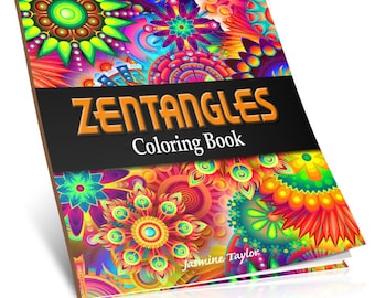 May include: A colorful coloring book with a cover featuring a vibrant abstract design and the title "ZENTANGLES Coloring Book" in orange text on a black background. The author's name, "Jasmine Taylor", is printed in white at the bottom of the cover.
