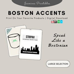 Könnte beinhalten: Digitaler Download von druckbaren Designs mit Bostoner Akzenten und Sprüchen. Die Designs beinhalten eine Tasse mit dem Text "Your Design", eine Skyline mit dem Text "Boston Common Sayings" und eine Grafik mit dem Text "Stripah - Striped Bass Fish".